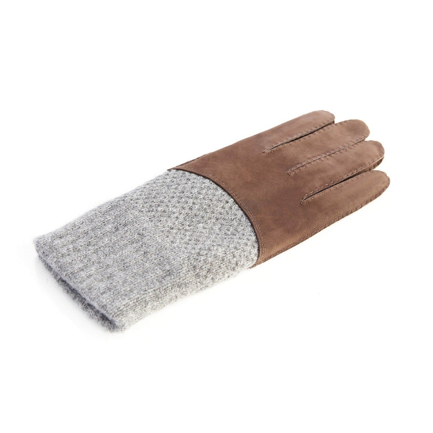 Men's hand-stitched nubuk gloves in color brown with grey cashmere top and lining