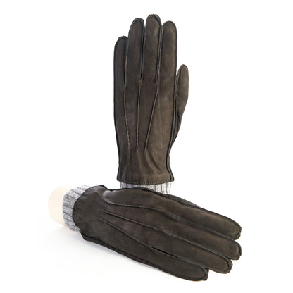 Men's black nubuk gloves with light grey cashmere lining with cuff