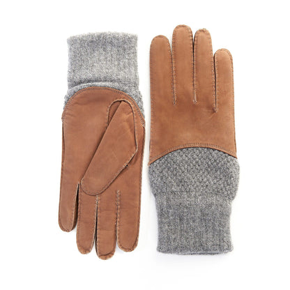 Men's hand-stitched nubuk gloves in color tobacco with grey cashmere top and lining