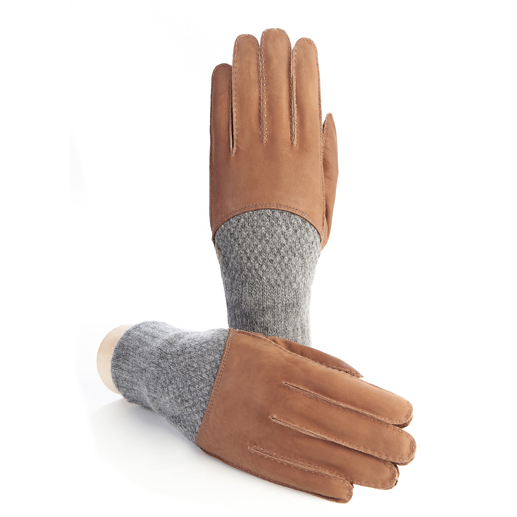 Men's hand-stitched nubuk gloves in color tobacco with grey cashmere top and lining