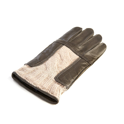 Men's leather gloves in color mud with beige woven wool insert on top