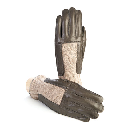 Men's leather gloves in color mud with beige woven wool insert on top