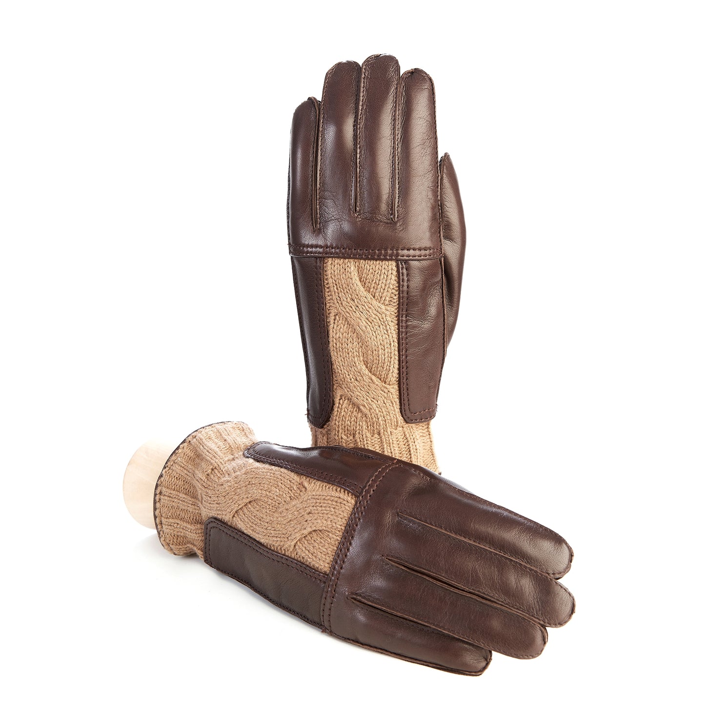 Men's leather gloves in color brown with beige woven wool insert on top