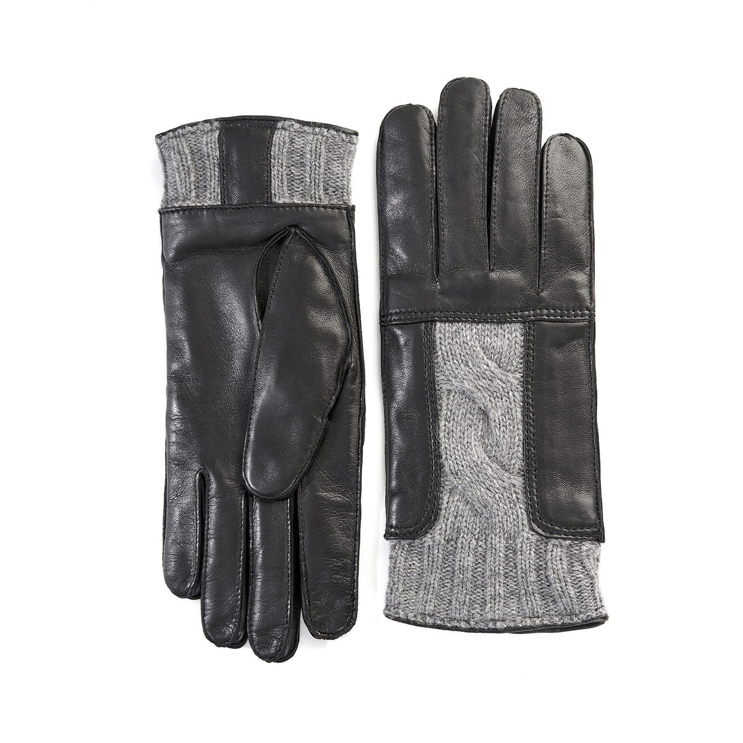 Men's leather gloves in color black with grey woven wool insert on top