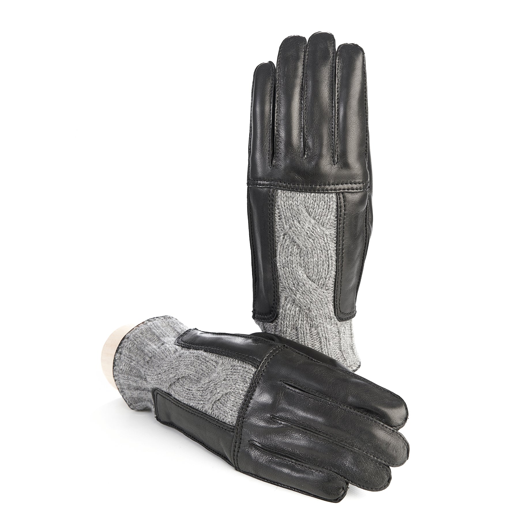 Men's leather gloves in color black with grey woven wool insert on top