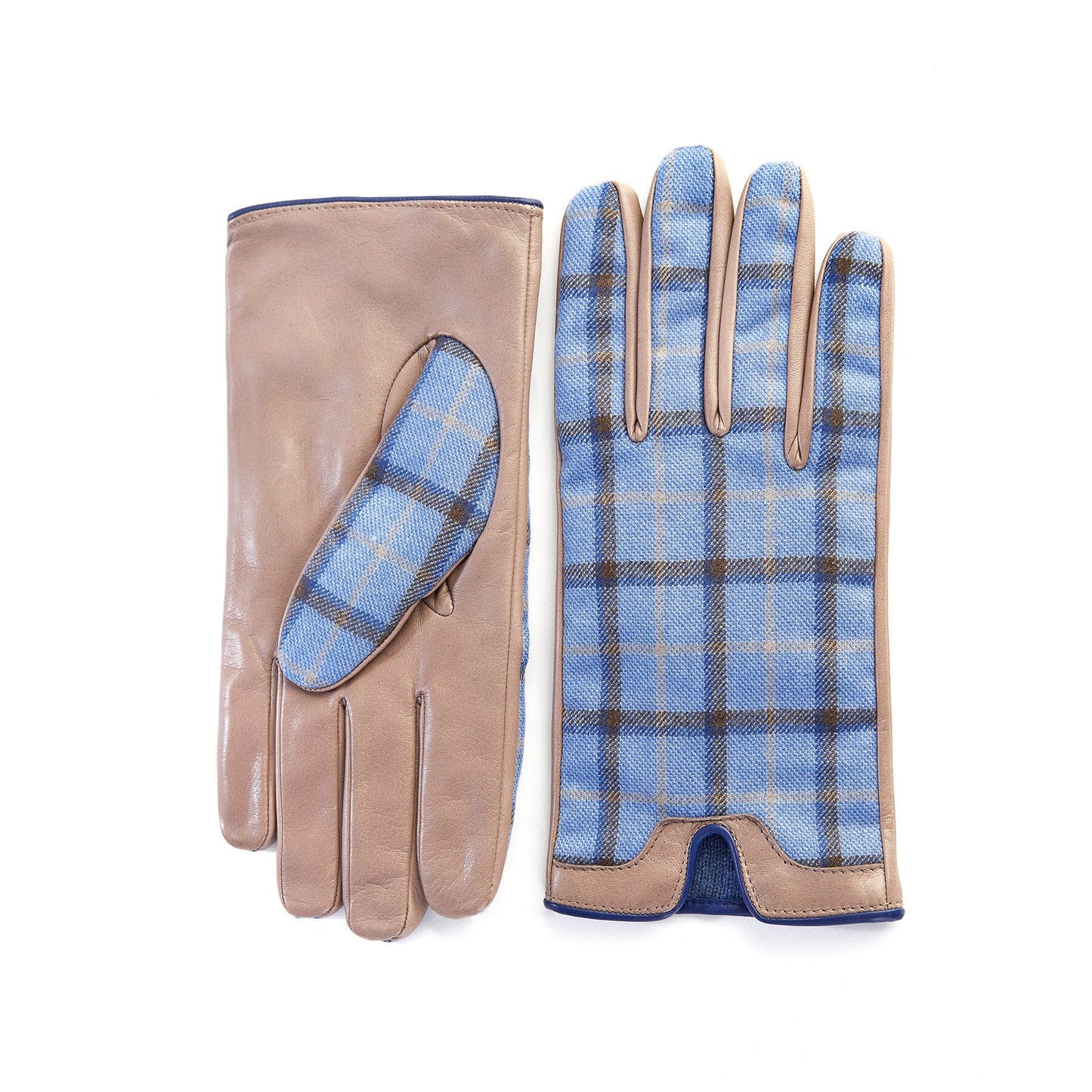 Men's leather gloves in color alpaca with light blu check fabric top of Holland &amp; Sherry with top opening detail