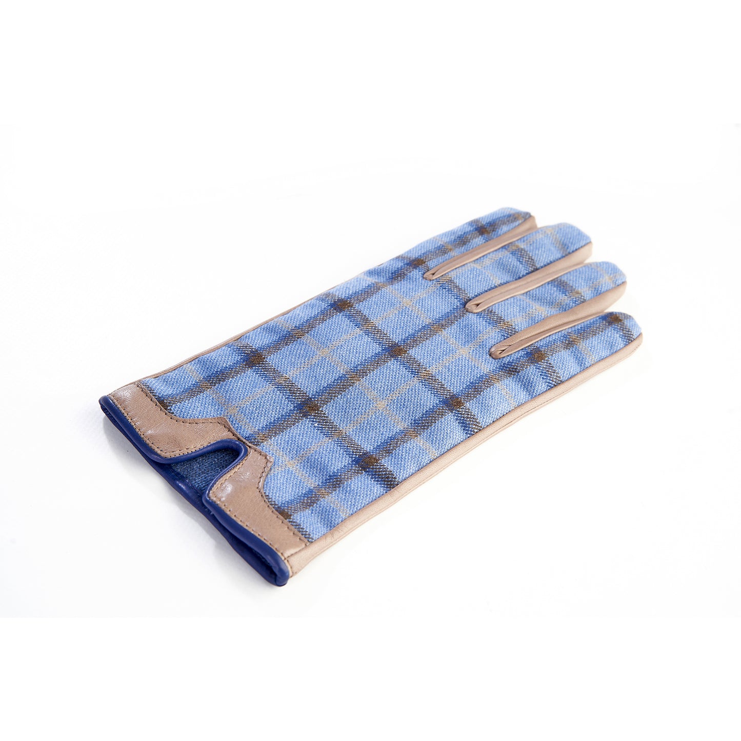 Men's leather gloves in color alpaca with light blu check fabric top of Holland & Sherry with top opening detail