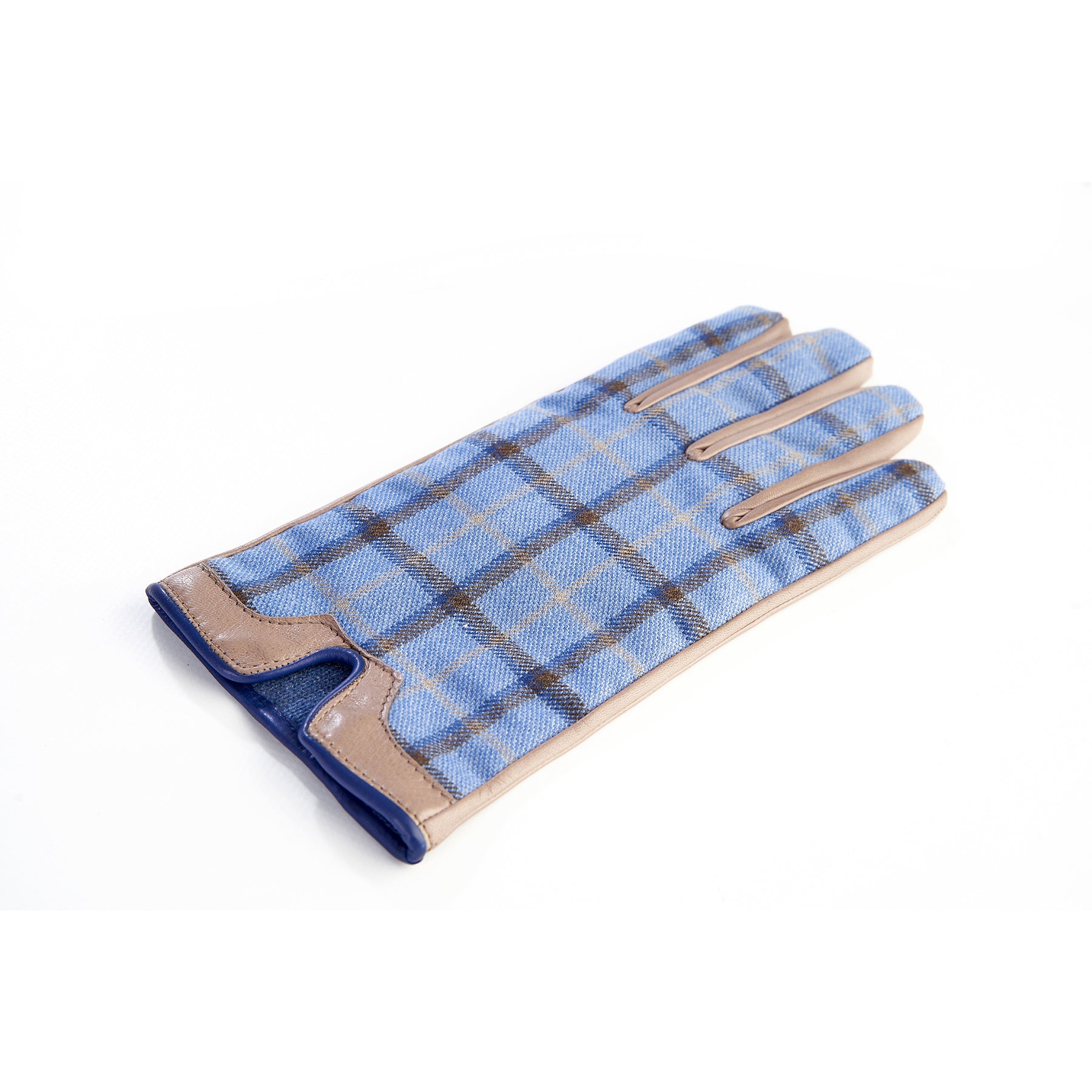 Men's leather gloves in color alpaca with light blu check fabric top of Holland & Sherry with top opening detail