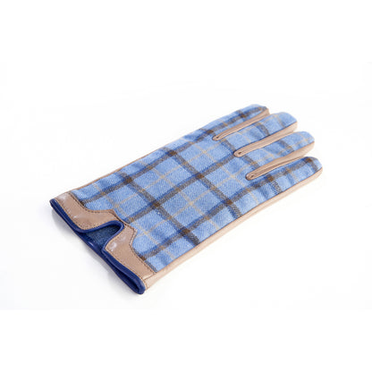 Men's leather gloves in color alpaca with light blu check fabric top of Holland & Sherry with top opening detail