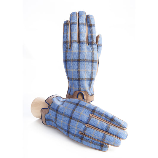 Men's leather gloves in color alpaca with light blu check fabric top of Holland & Sherry with top opening detail