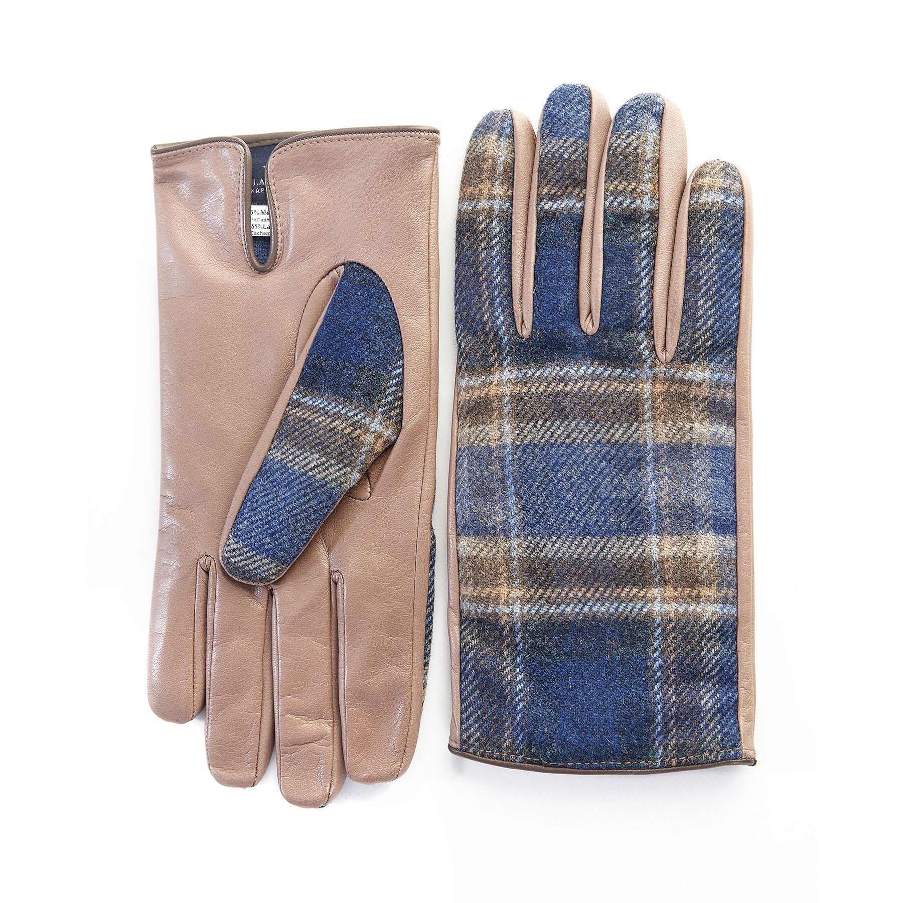 Men's leather gloves in color alpaca with blu check fabric  top of Holland &amp; Sherry with top opening detail and cashmere lining