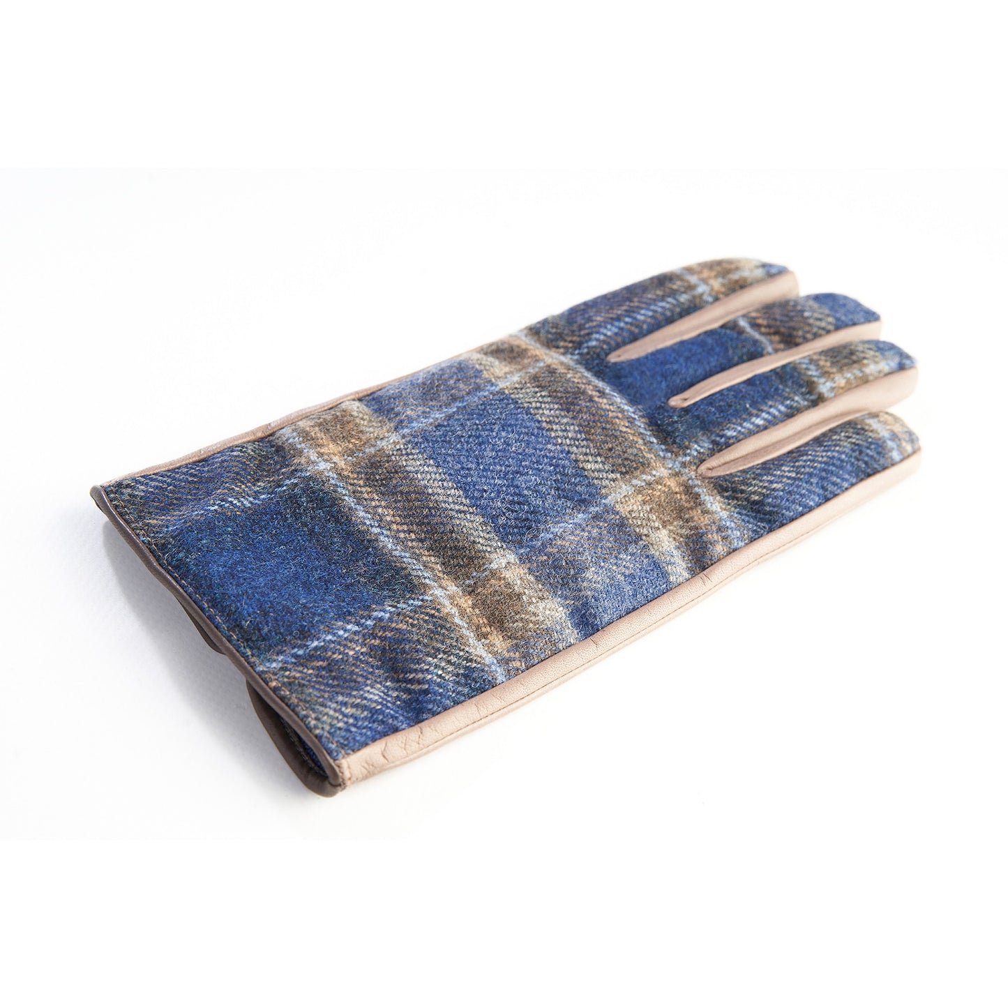 Men's leather gloves in color alpaca with blu check fabric  top of Holland & Sherry with top opening detail and cashmere lining