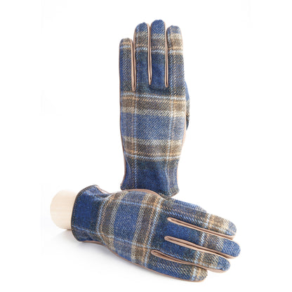 Men's leather gloves in color alpaca with blu check fabric  top of Holland & Sherry with top opening detail and cashmere lining