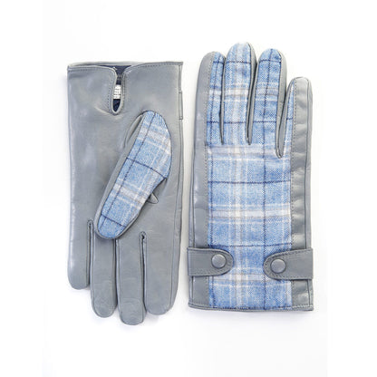 Men's leather gloves in color pearl grey with light blue check fabric top of Holland &amp; Sherry