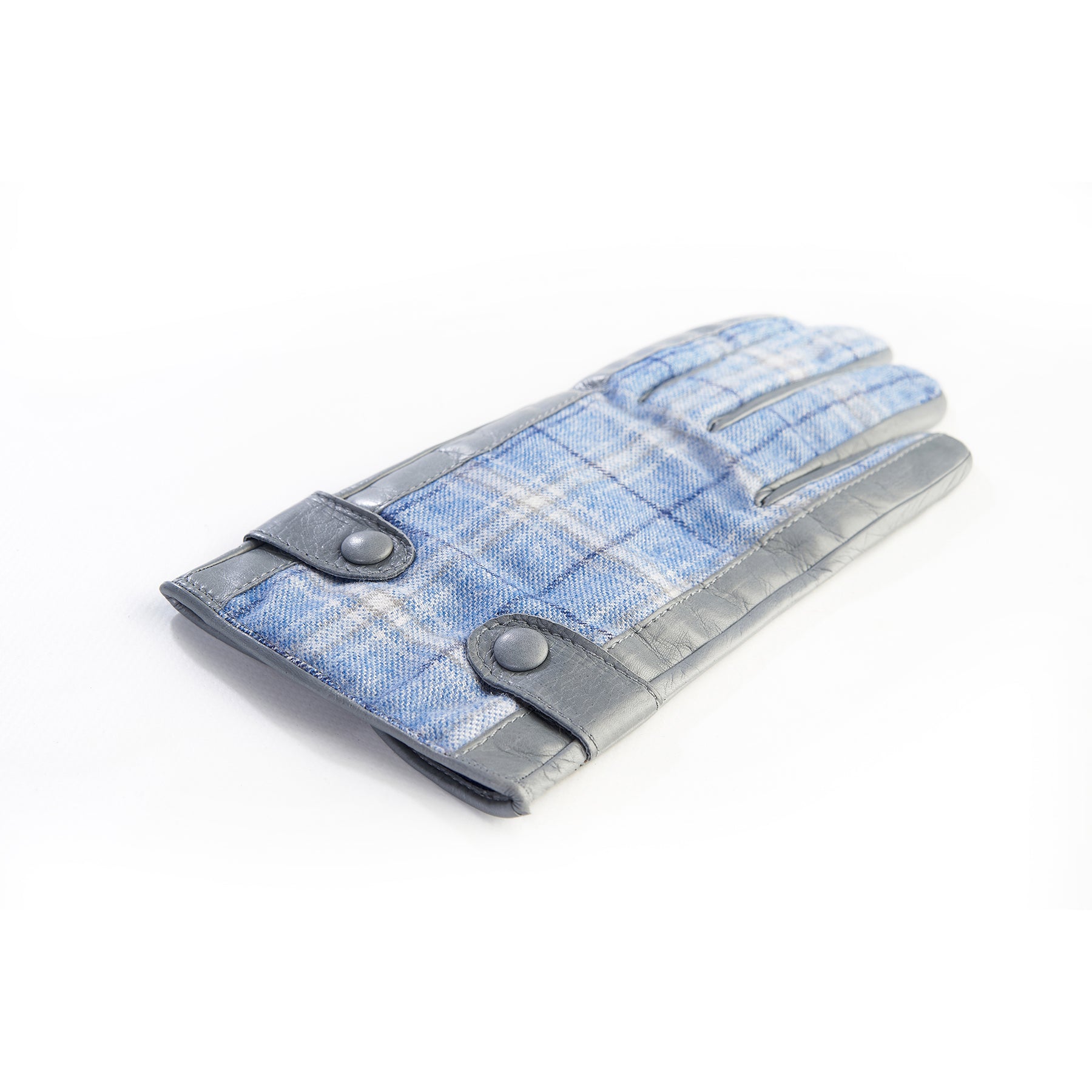 Men's leather gloves in color pearl grey with light blue check fabric top of Holland &amp; Sherry