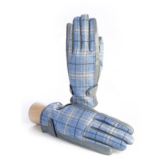Men's leather gloves in color pearl grey with light blue check fabric top of Holland &amp; Sherry