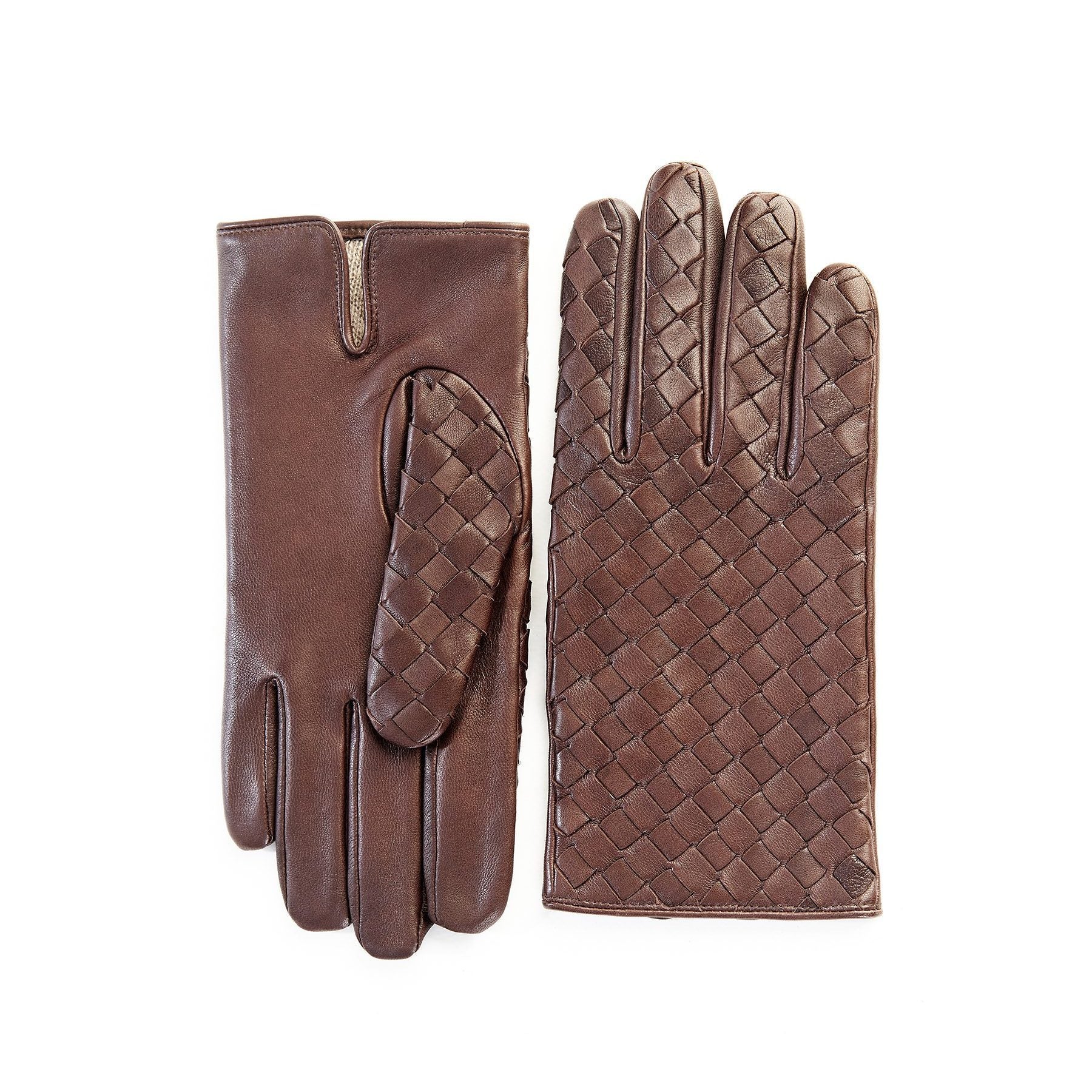 Men's brown leather gloves with woven panel top, wool lined 