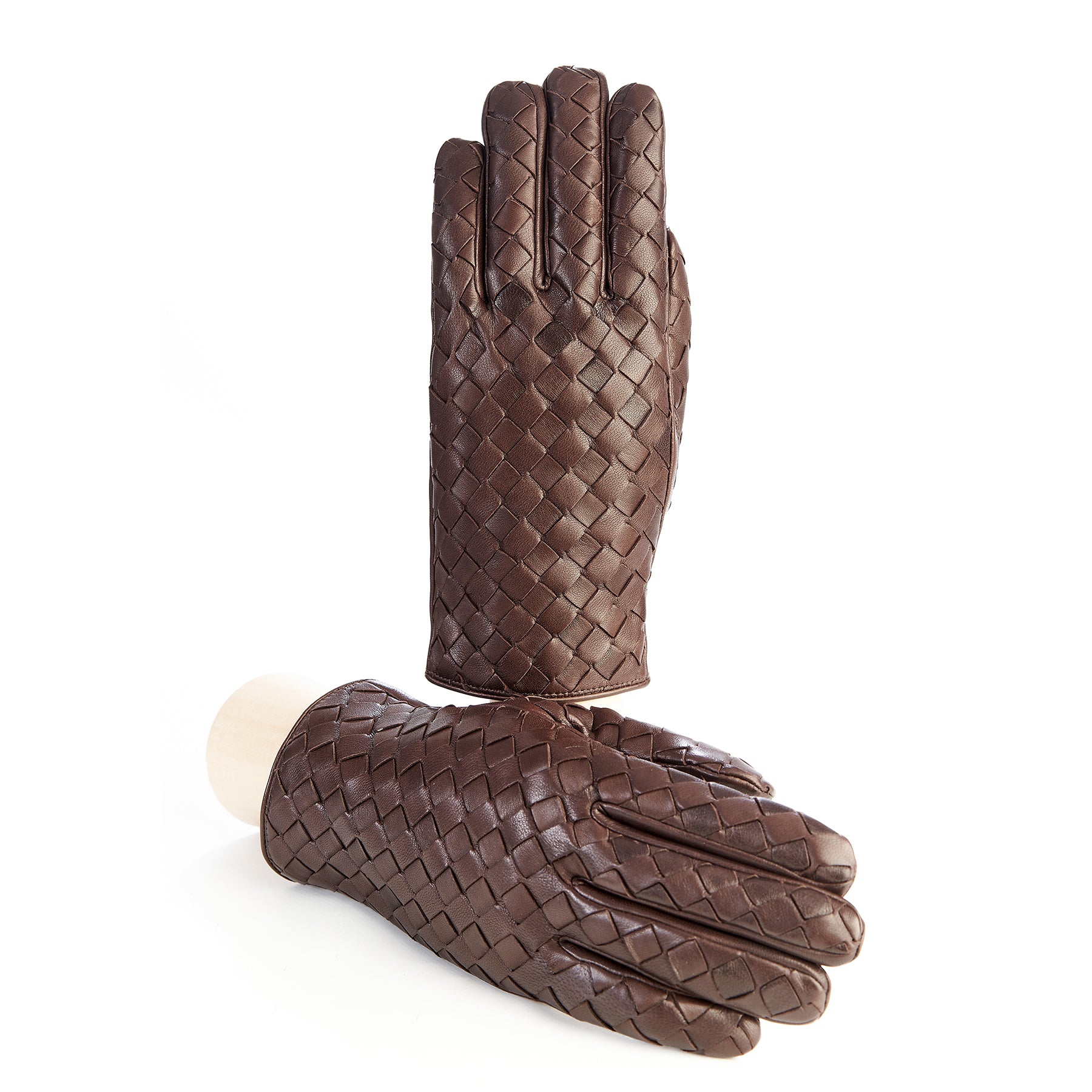 Men's brown leather gloves with woven panel top, wool lined 
