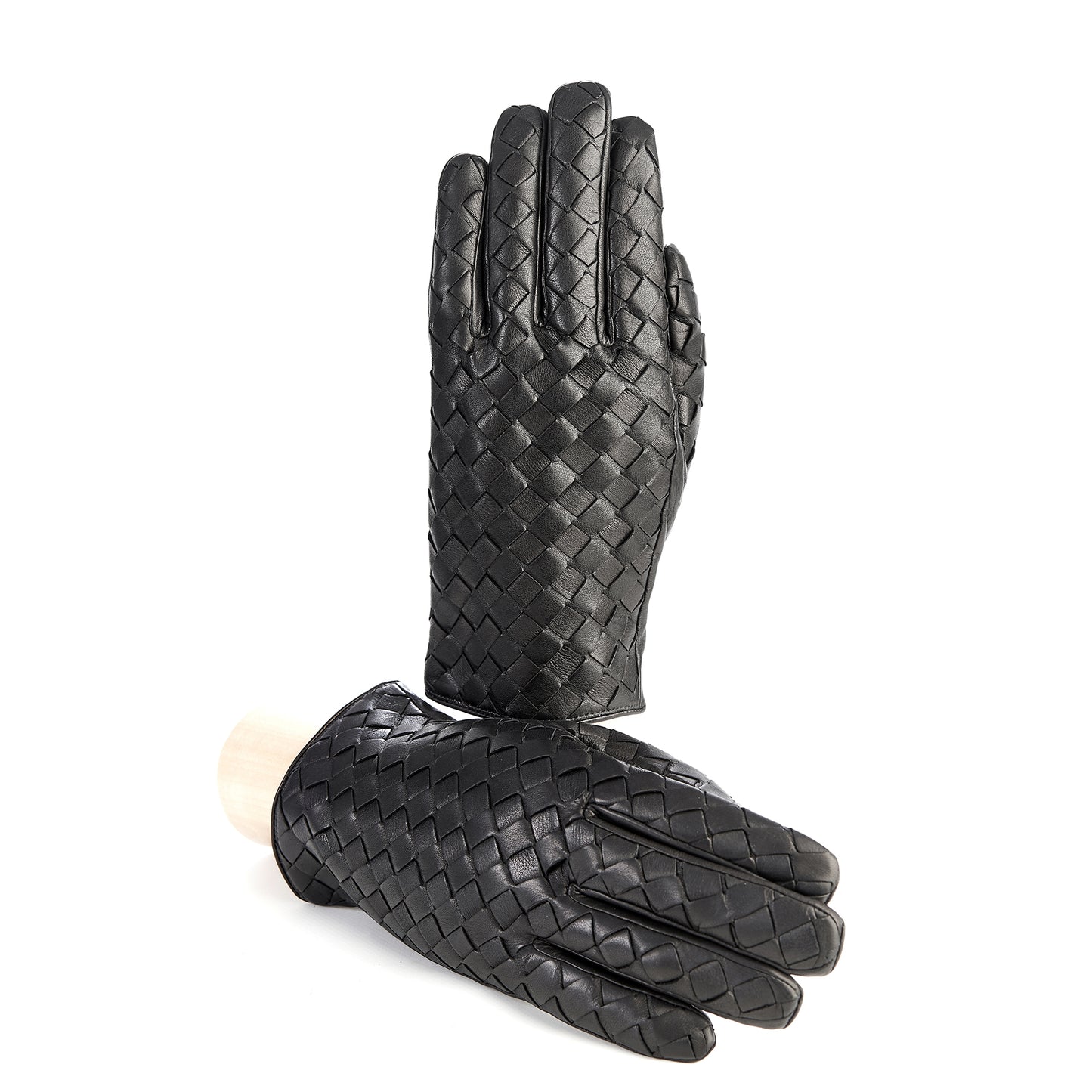 Men's black leather gloves with woven panel top wool lined