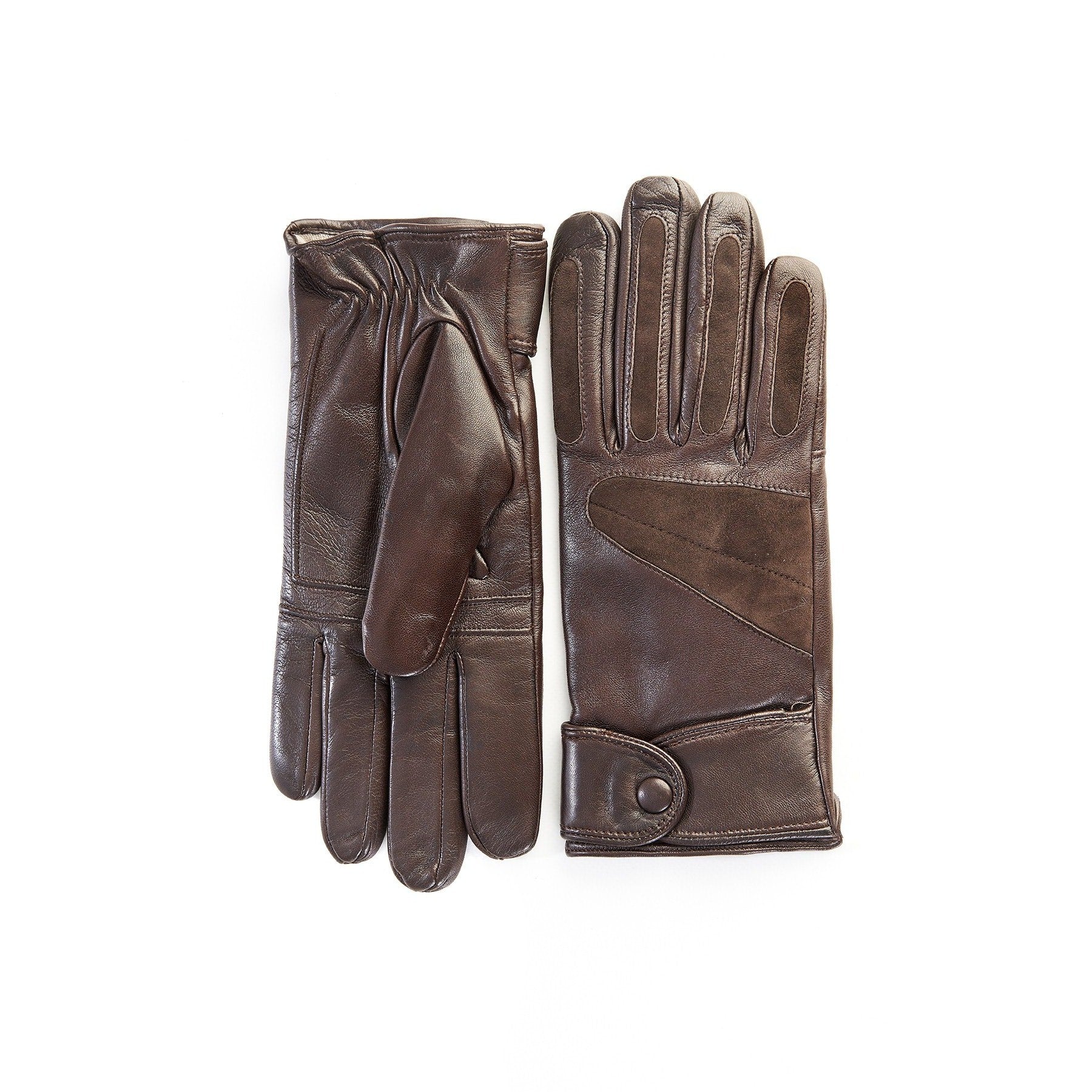 Men's sport gloves in brown leather with suede insert and large strap details and cashmere lining