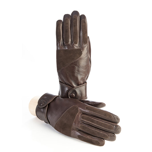 Men's sport gloves in brown leather with suede insert and large strap details and cashmere lining