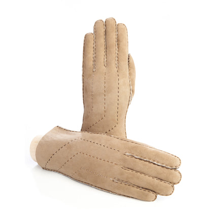 Women's lambskin gloves with hand stitched details on top color beige