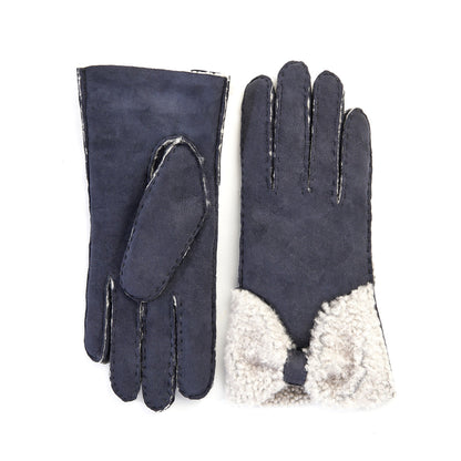 Women's blue lambskin gloves with bow detail on top
