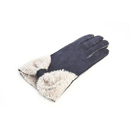 Women's blue lambskin gloves with bow detail on top