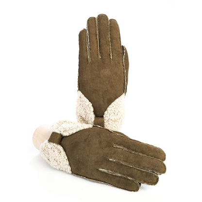 Women's green lambskin gloves with bow detail on top