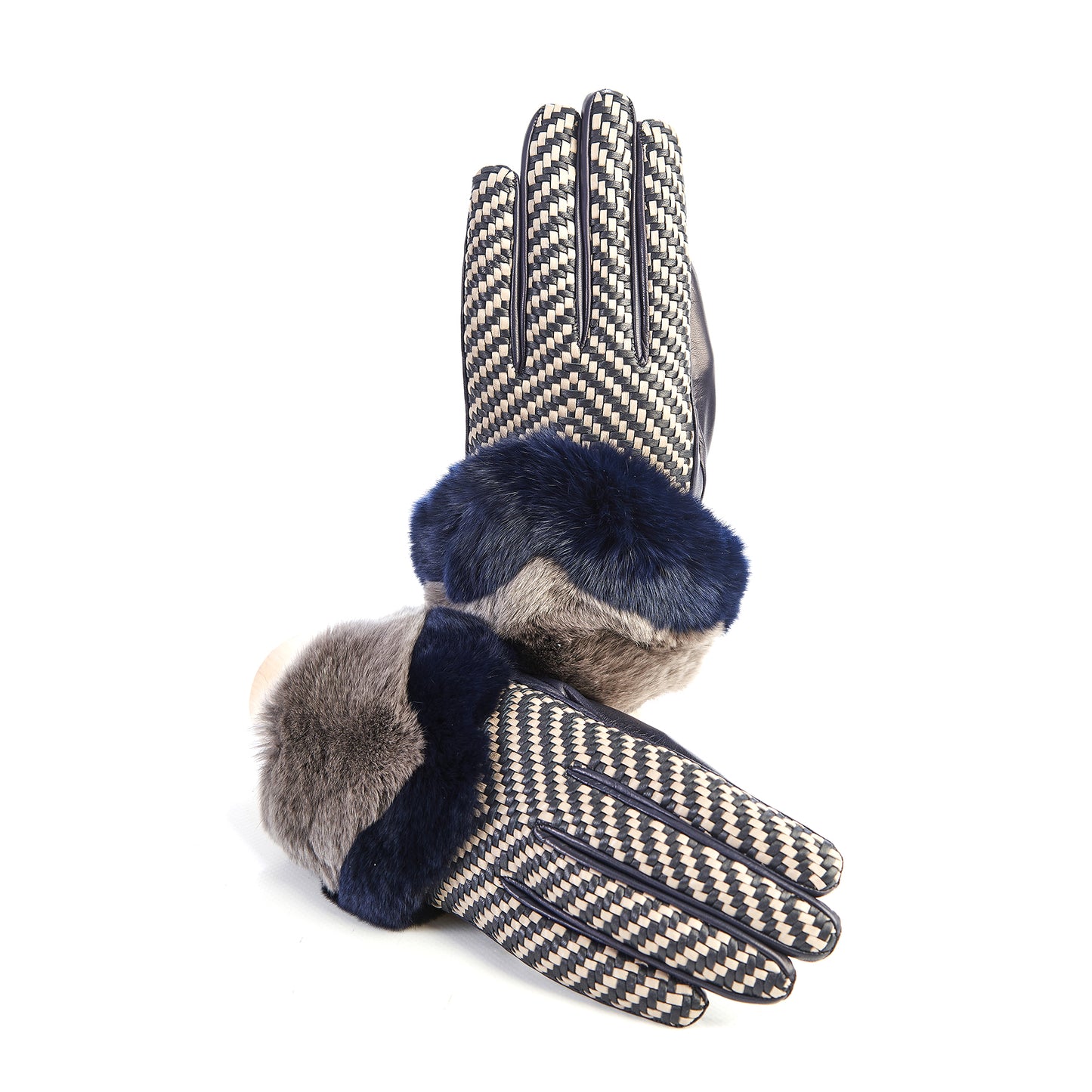 Women's blue leather gloves with bicolor woven top panel and rex rabbit fur cuff