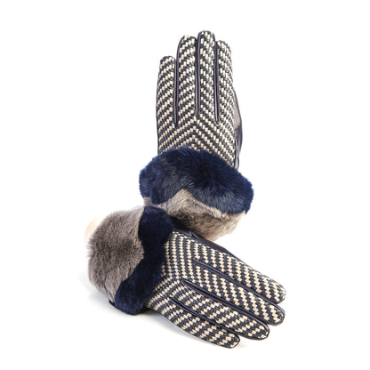 Women's blue leather gloves with bicolor woven top panel and rex rabbit fur cuff