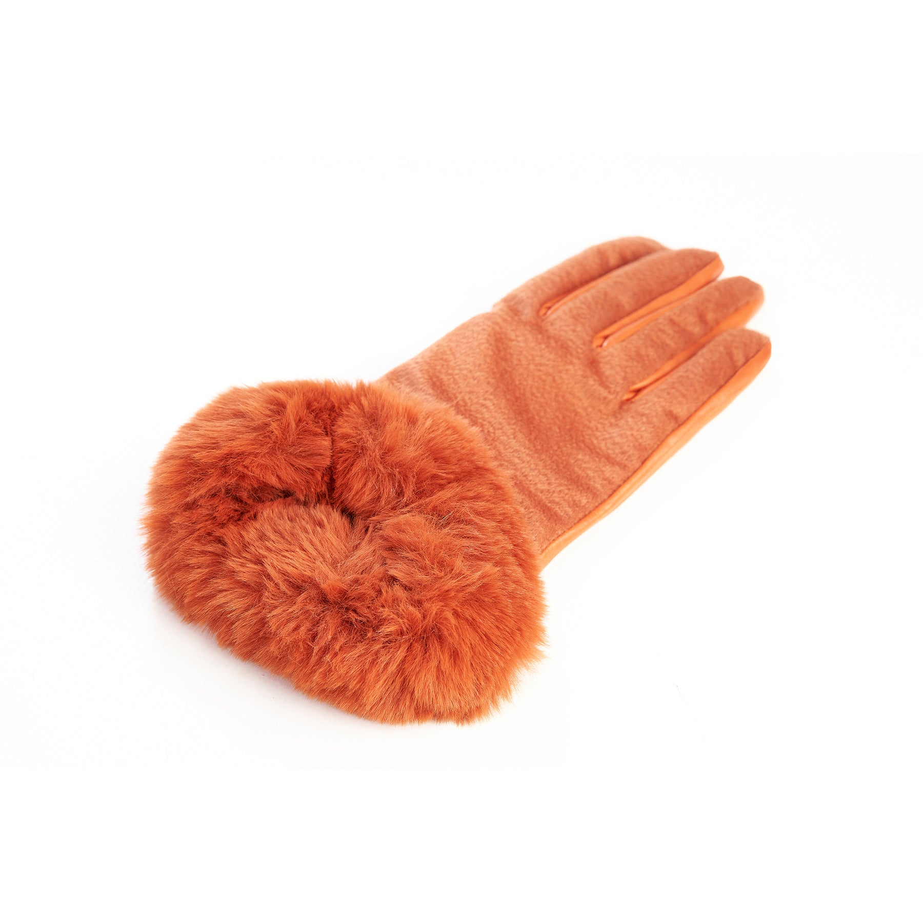 Women's orange leather gloves with pure Holland & Sherry cashmere top detail eco fur cuff