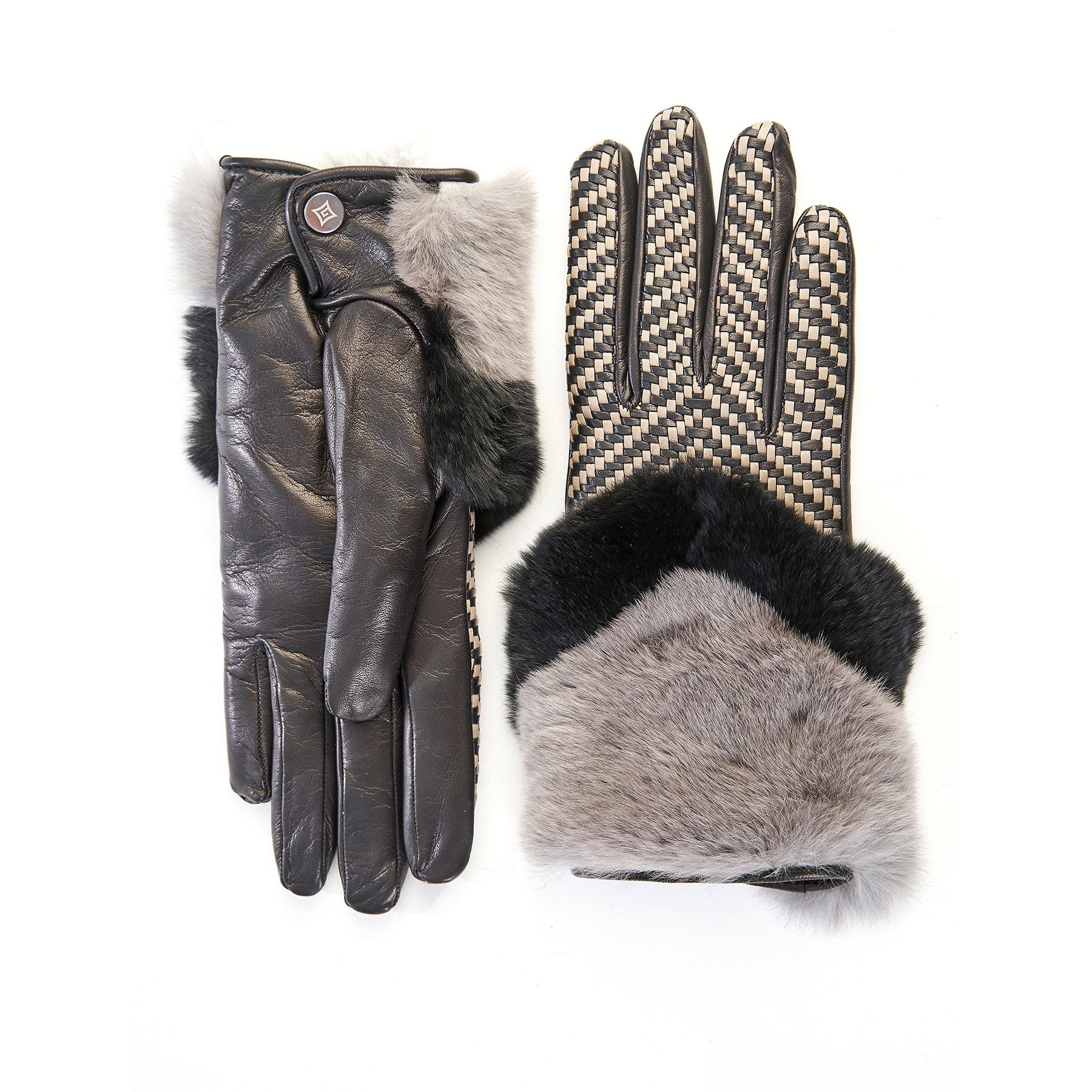 Women's black leather gloves with bicolor woven top panel and rex rabbit fur cuff