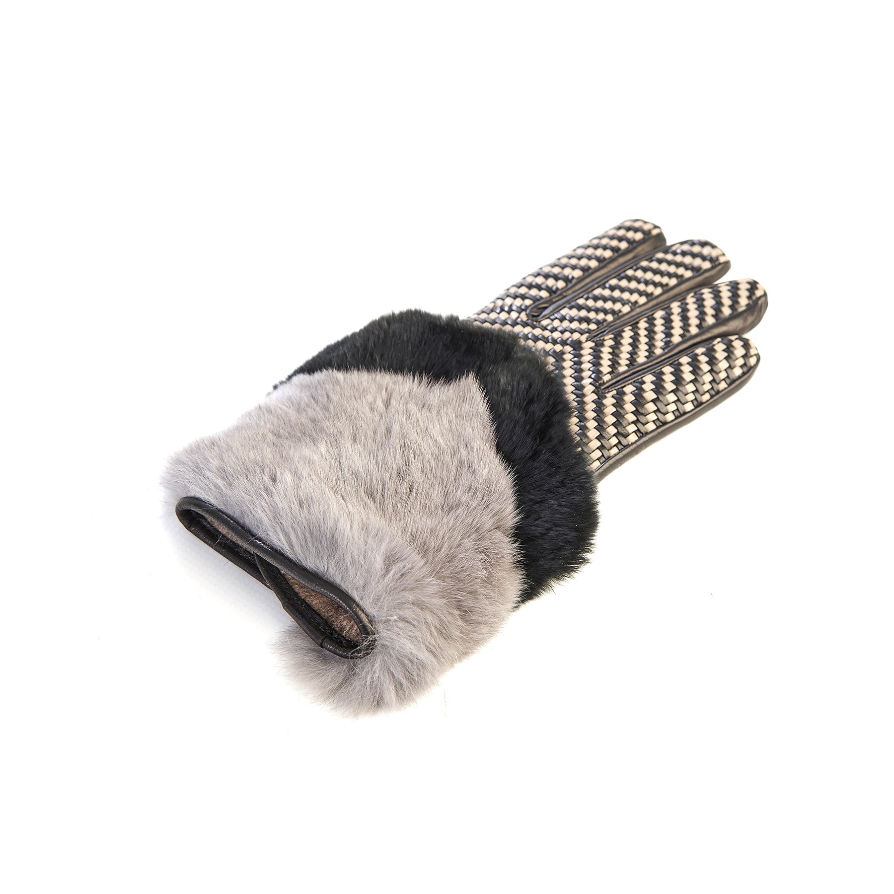 Women's black leather gloves with bicolor woven top panel and rex rabbit fur cuff