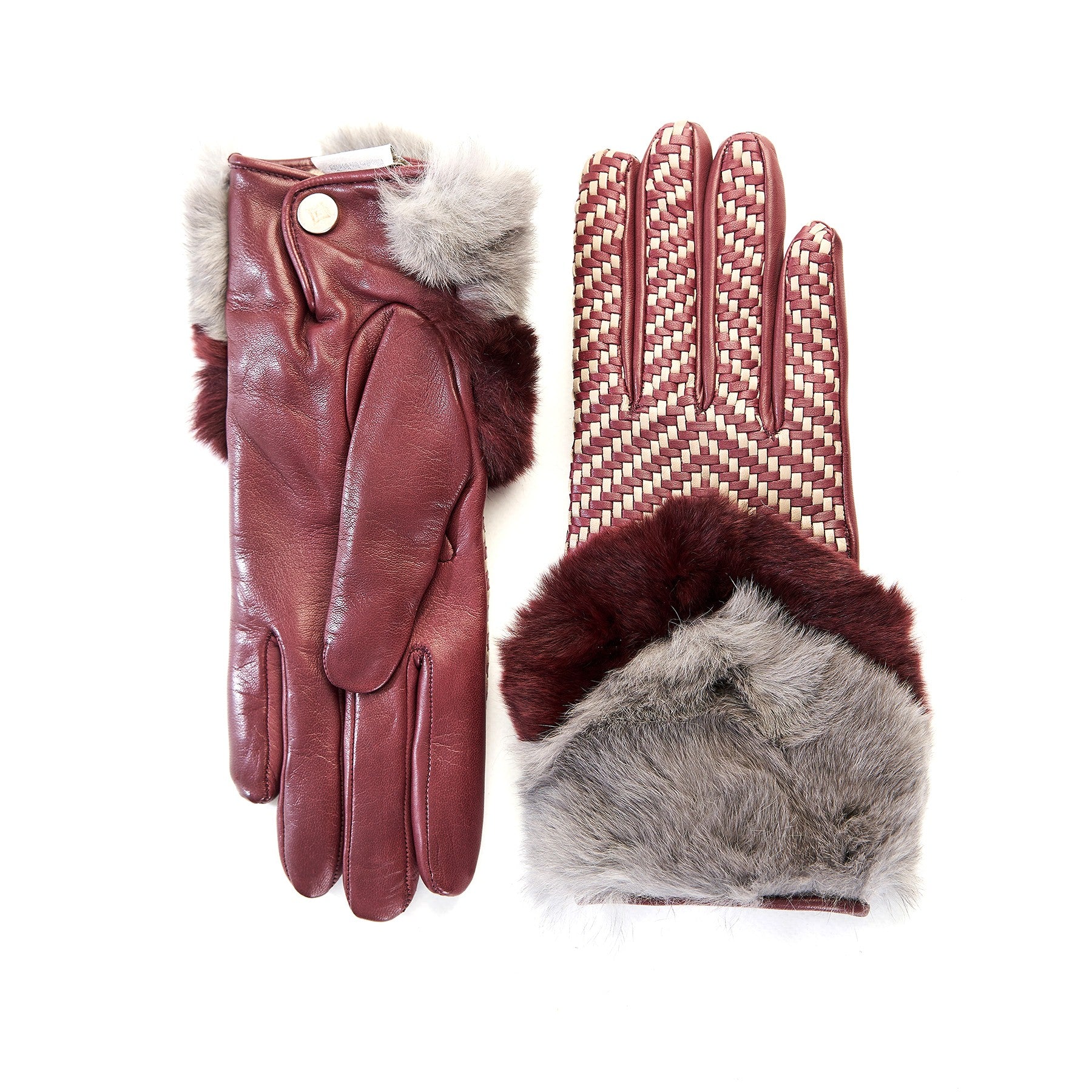 Women's bordeaux leather gloves with bicolor woven top panel and rex rabbit fur cuff
