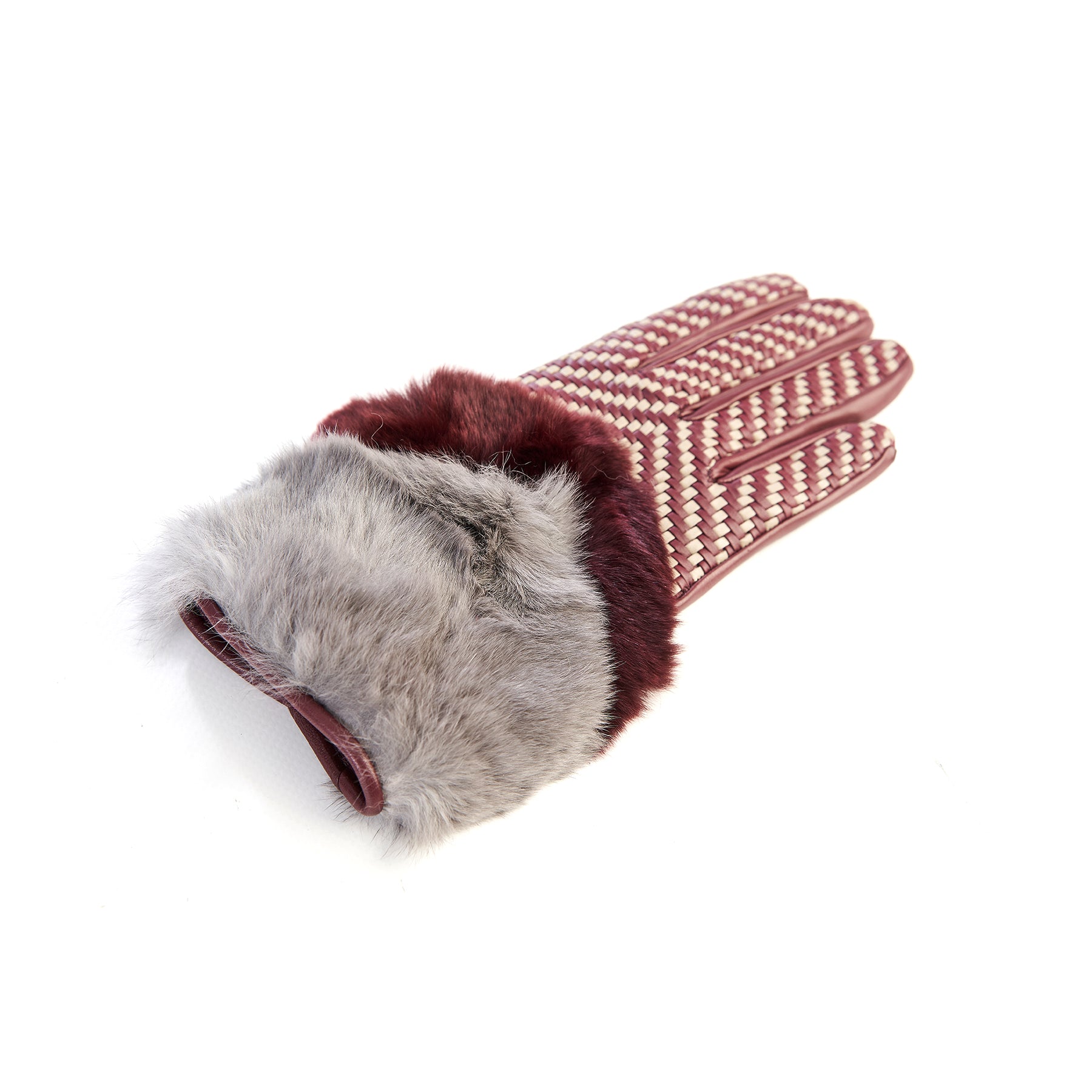 Women's bordeaux leather gloves with bicolor woven top panel and rex rabbit fur cuff