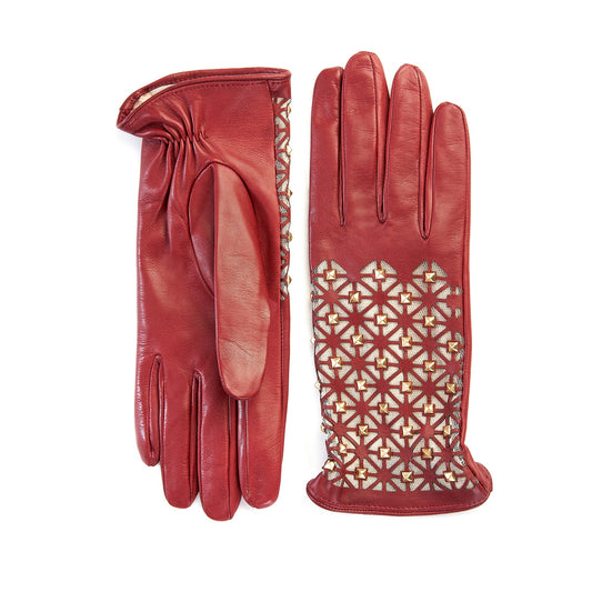 Women's dark red leather gloves with studs silk lined