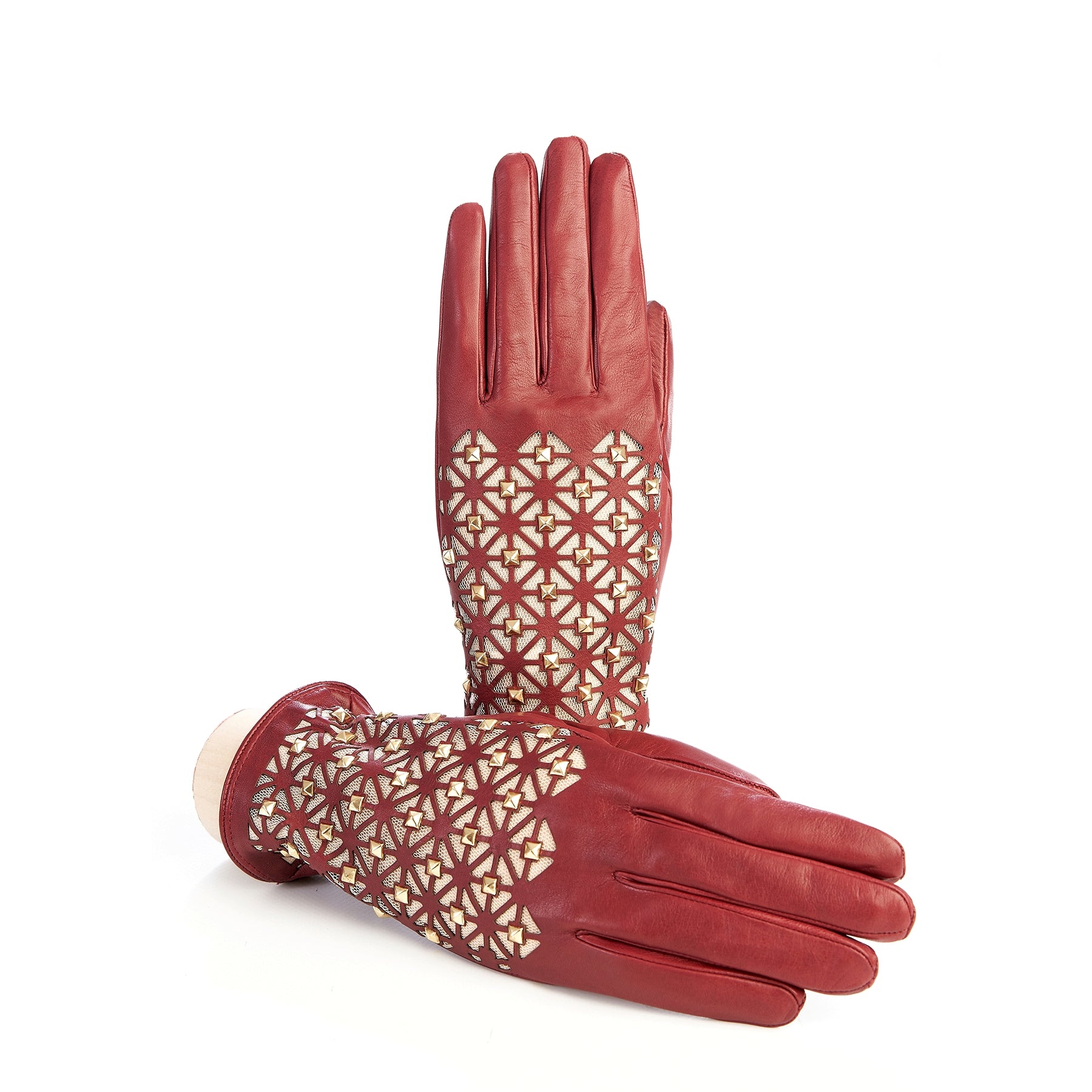 Women's dark red leather gloves with studs silk lined