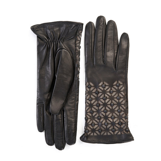 Women's black leather gloves with studs silk lined