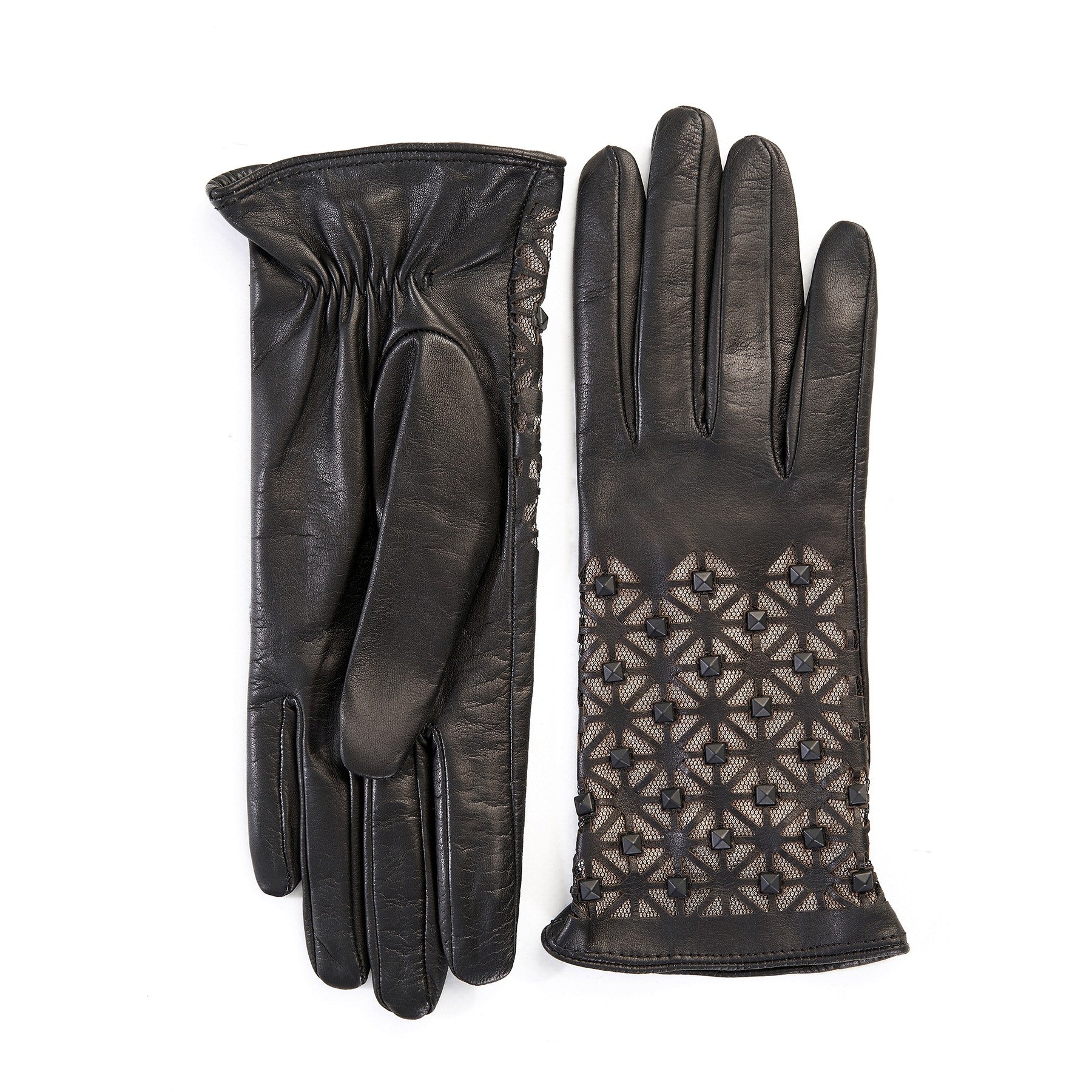 Women's black leather gloves with studs silk lined