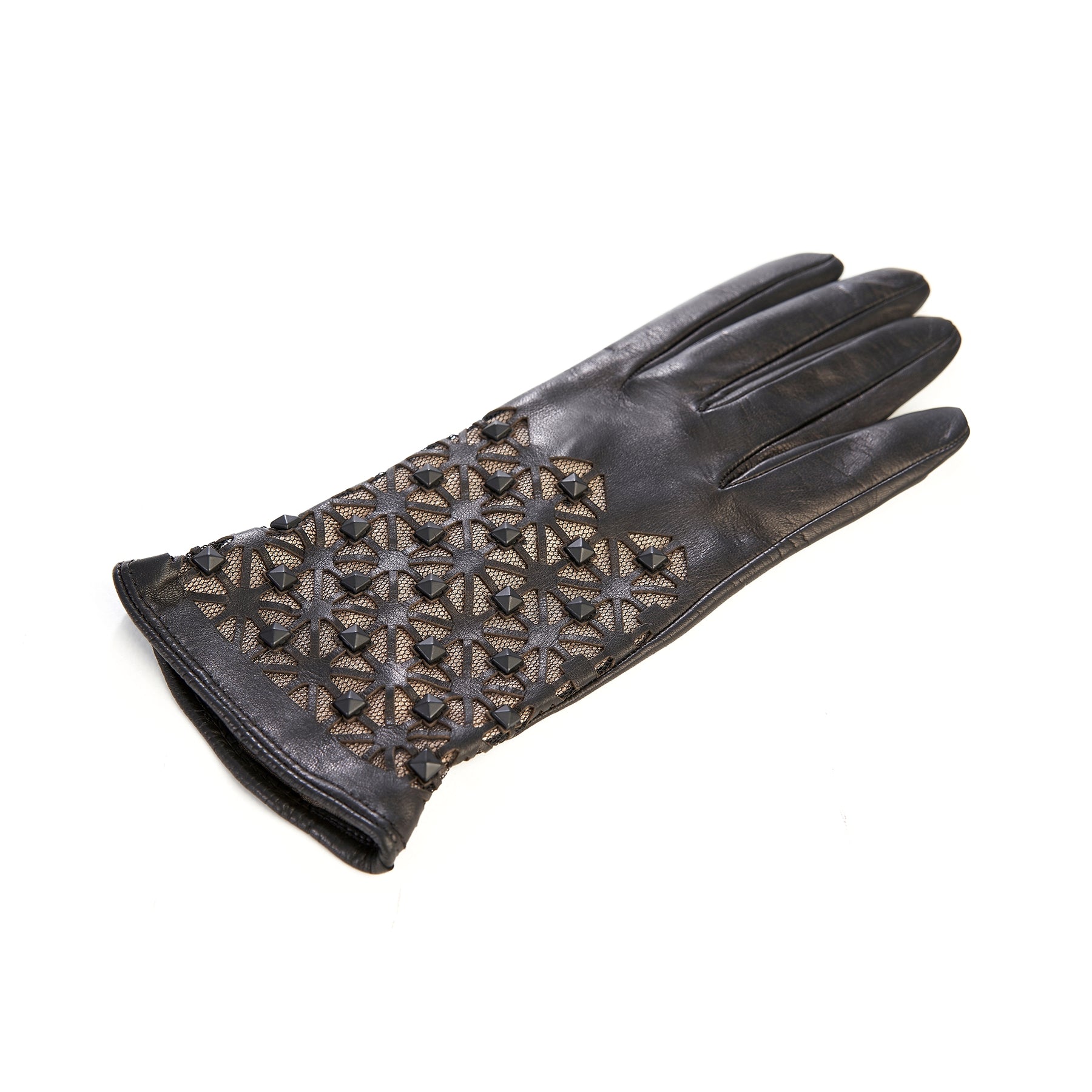 Women's black leather gloves with studs silk lined