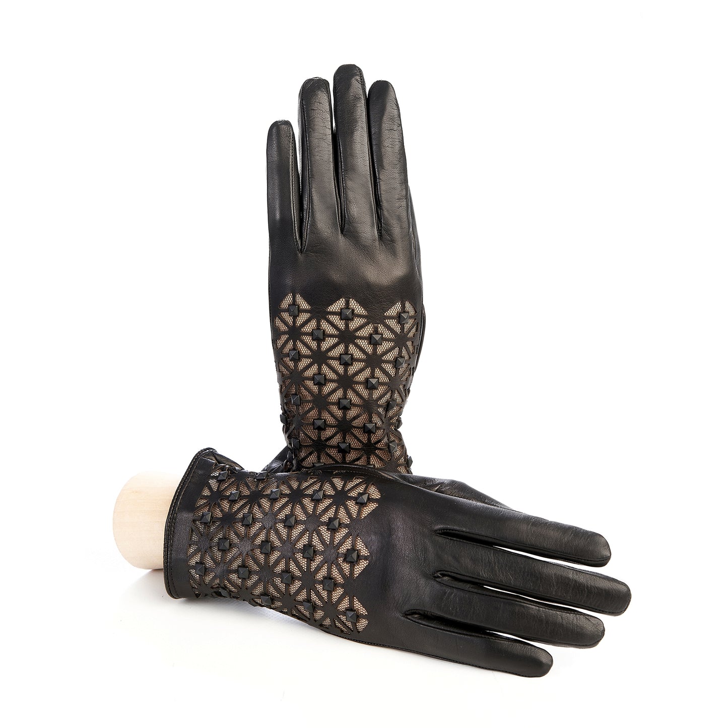 Women's black leather gloves with studs silk lined