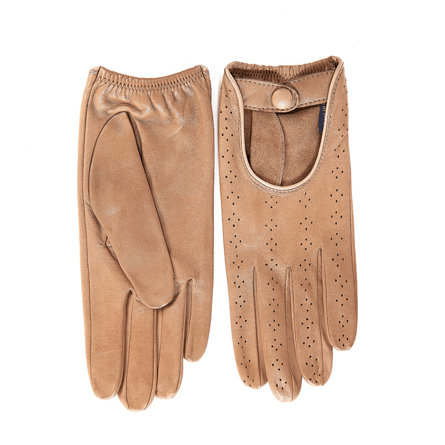 Women's unlined driving gloves in alpaca color smooth genuine leather with strap and button details