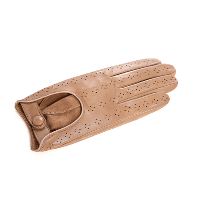 Women's unlined driving gloves in alpaca color smooth genuine leather with strap and button details