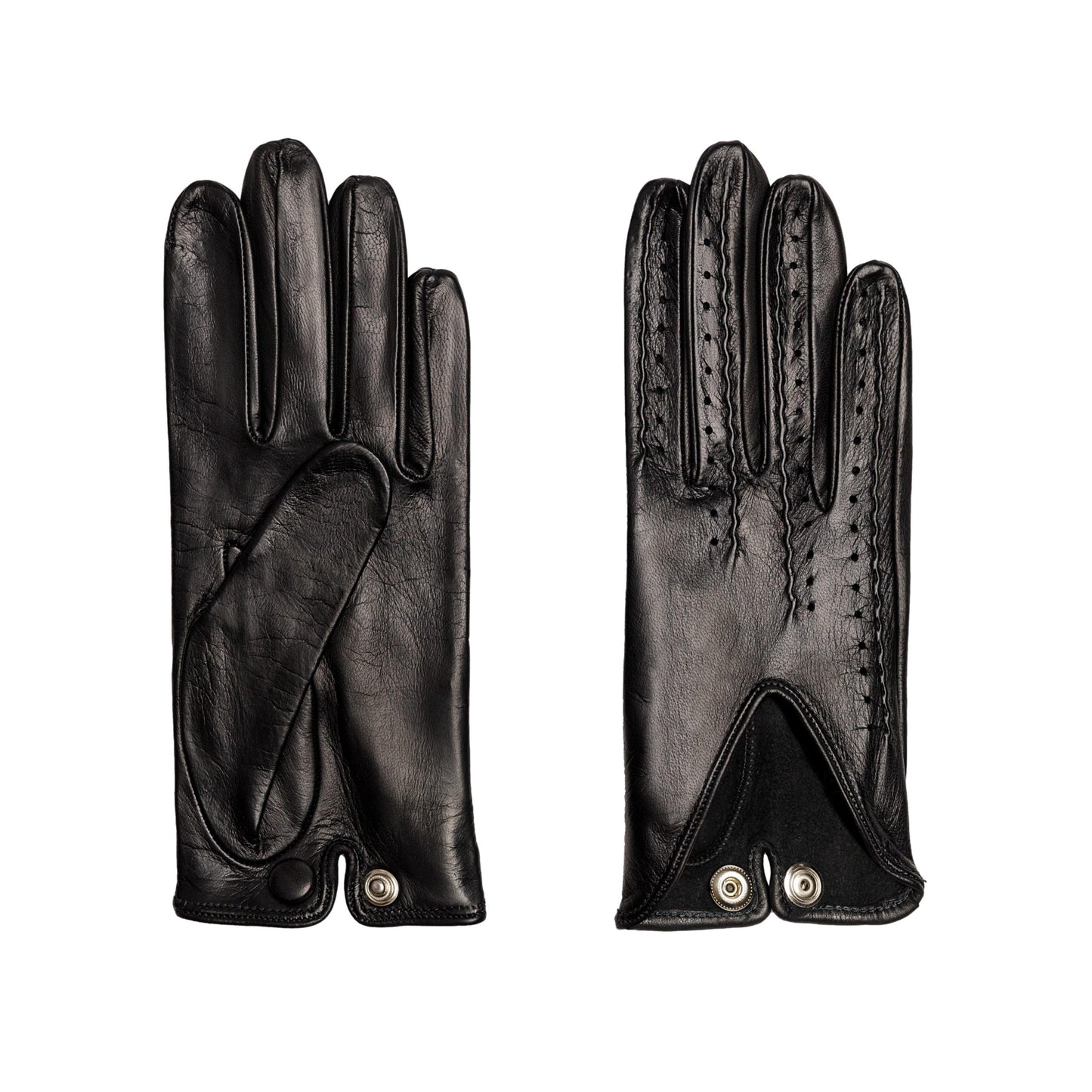 Women's black nappa leather driving gloves with points on fingers and unlined