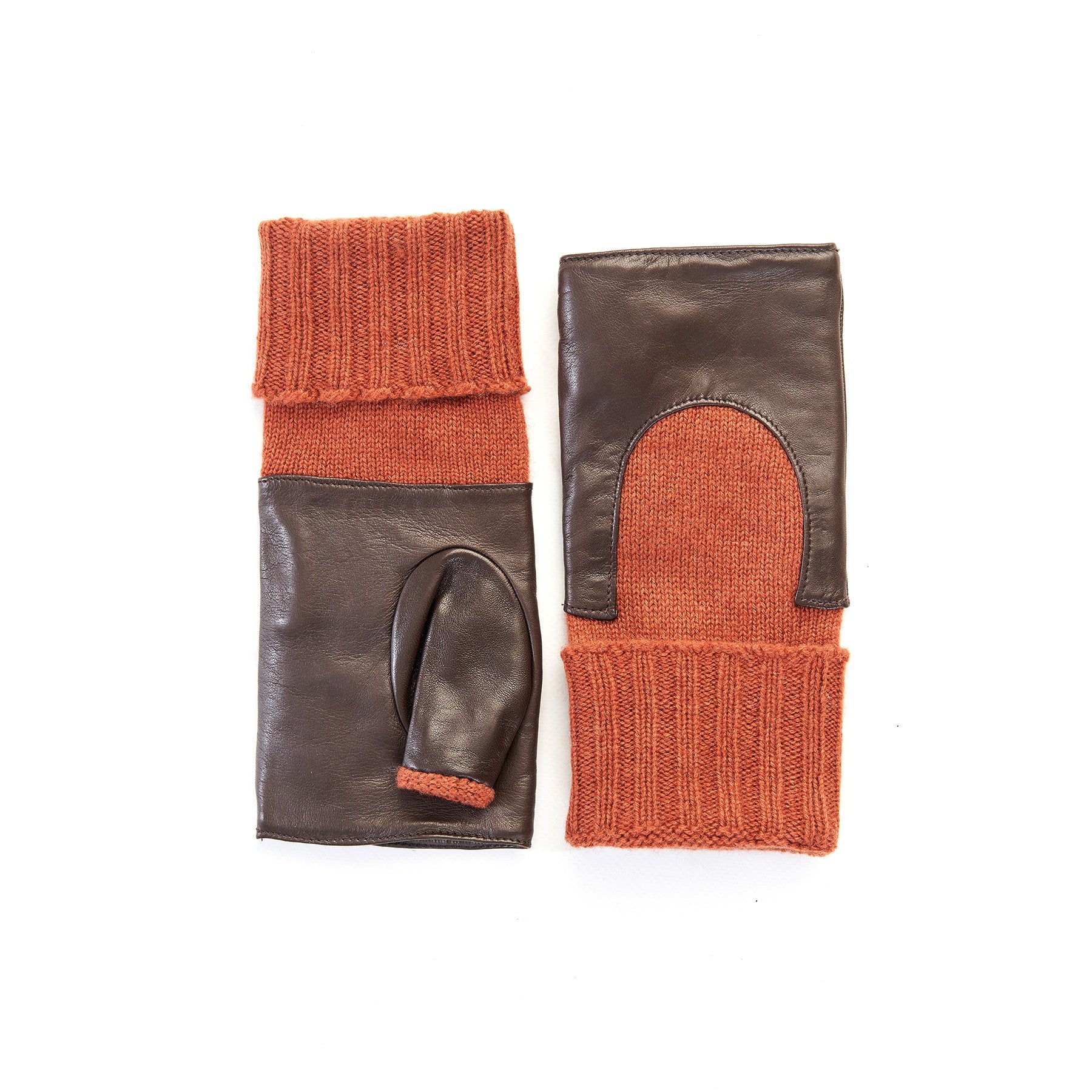 Women's brown genuine leather fingerless gloves with mid-lenght orange cashmere sleeve