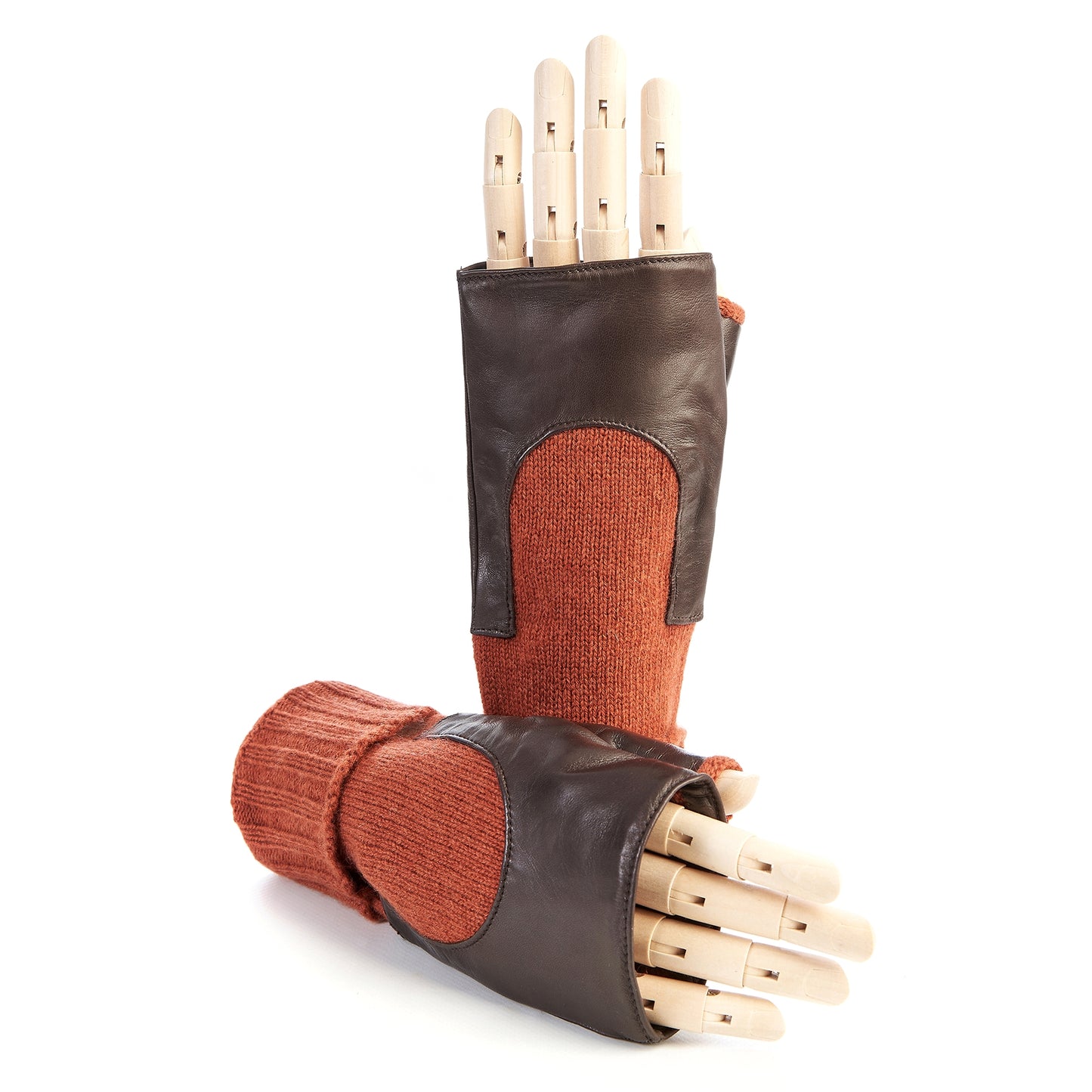 Women's brown genuine leather fingerless gloves with mid-lenght orange cashmere sleeve