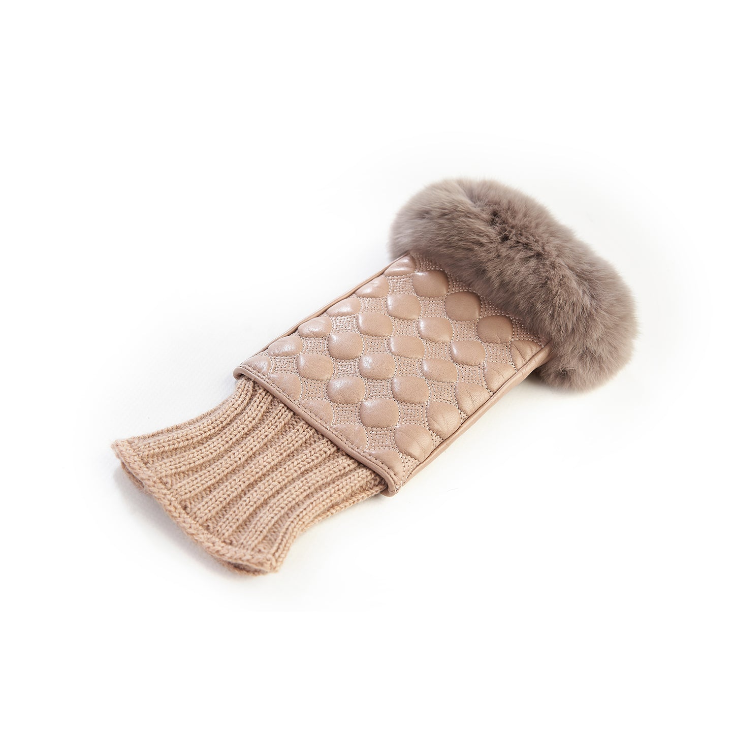 Women's alpaca leather fingerless with wool cuff and natural fur on finger tips