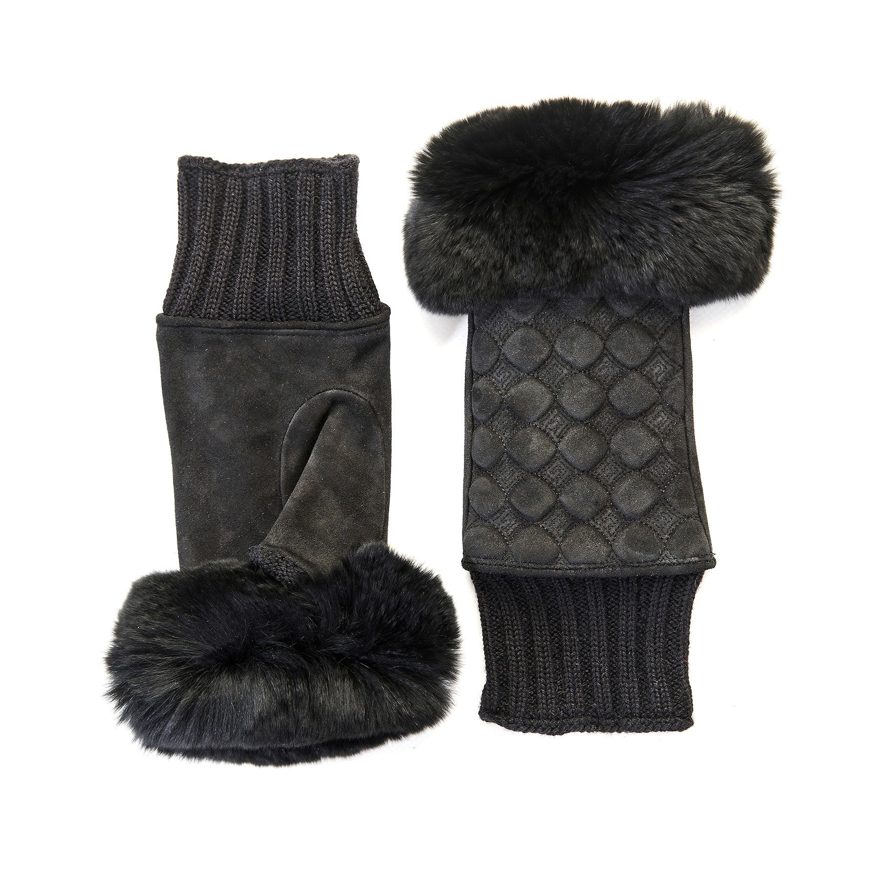 Damen-Wildleder Leder fingerlose Handschuhe • Wolle Manschette und Echtpelz – Gala Gloves