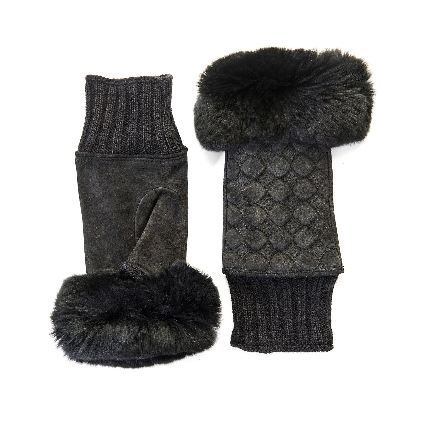 Women's black suede leather fingerless with wool cuff and natural fur on finger tips